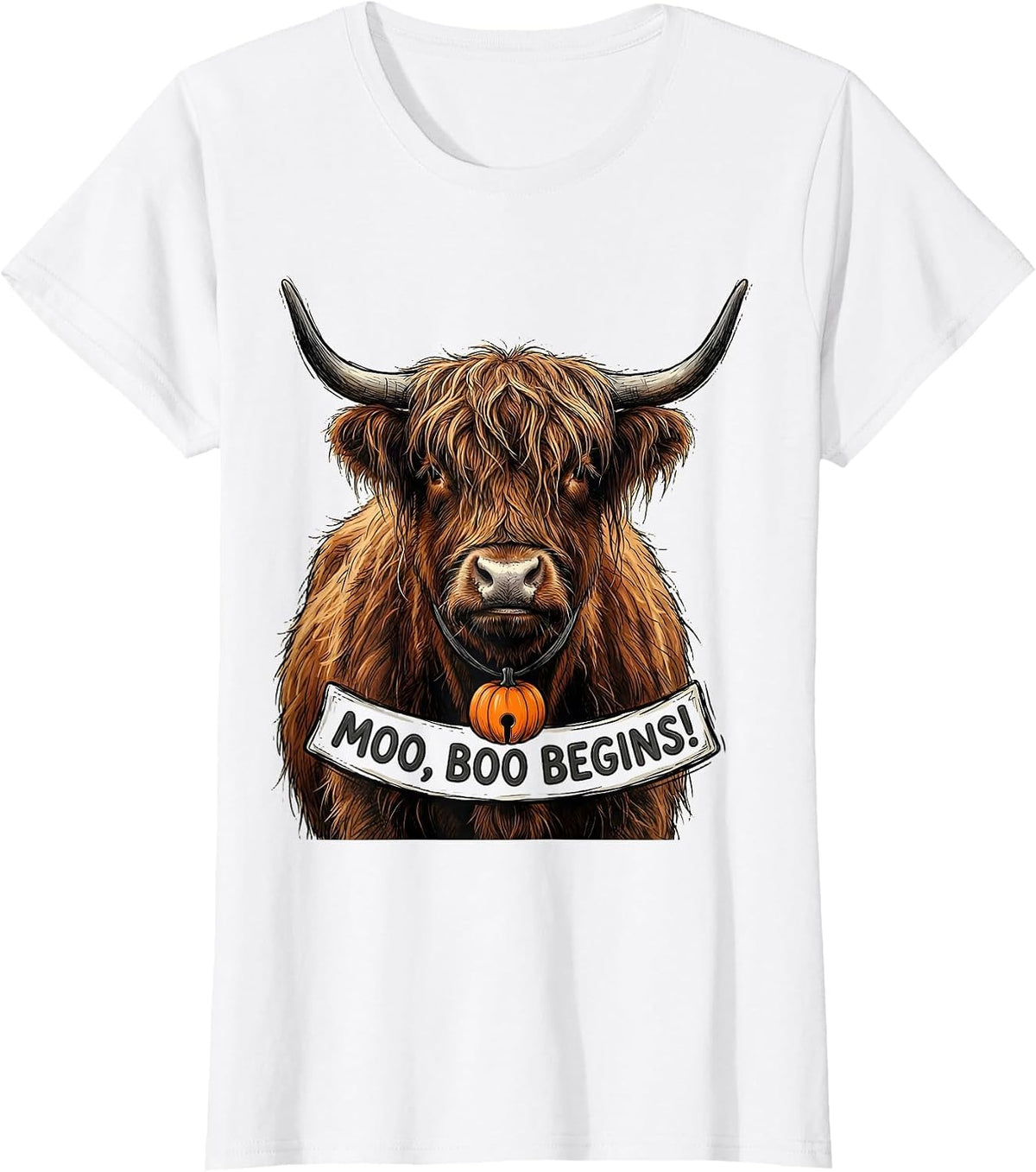 Moo, Boo Begins Funny Highland Cow Fall Halloween Humor T-Shirt - White