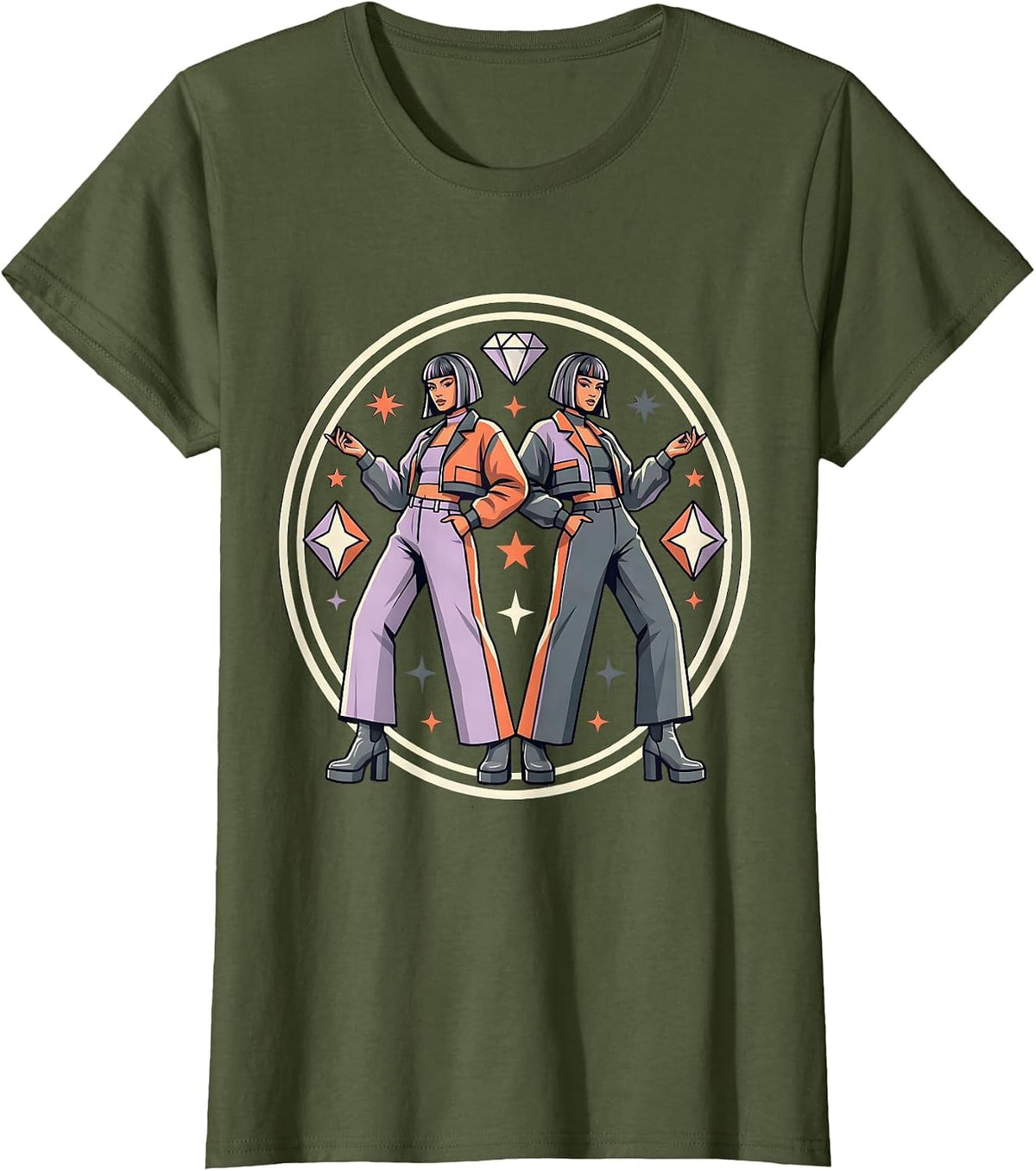 Women's K-Pop Duo Crop Jacket Matching Fits Graphic T-Shirt - Olive Green
