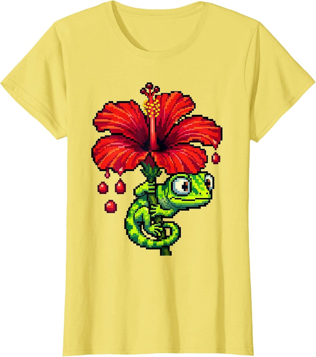 Gecko Climbing Dripping Hibiscus Hawaiian Design T-Shirt - Lemon Yellow