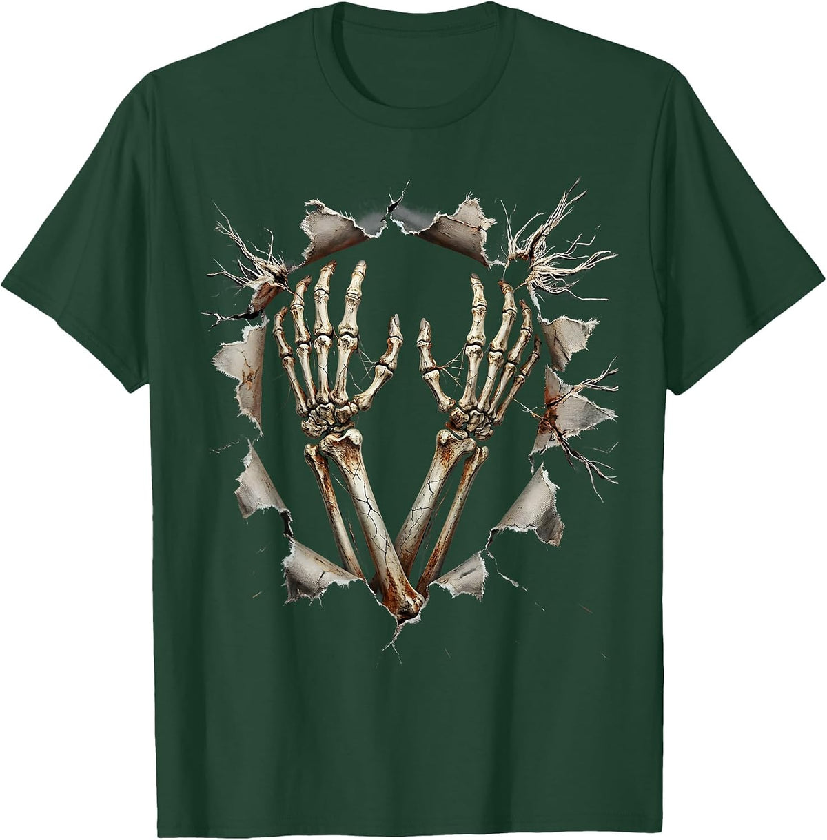 Men's Skeleton Hands Breaking Through Torn Fabric T-Shirt - Dark Green