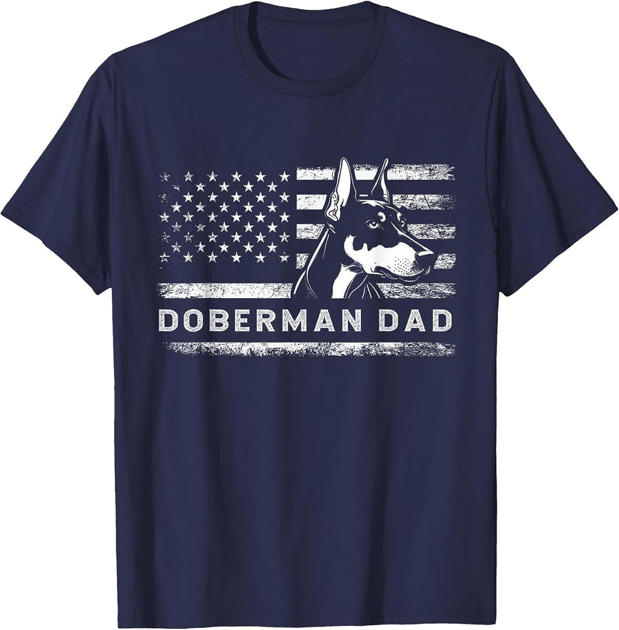 Doberman Pinscher Dog Dad American Flag Dobie Dad T-Shirt - Navy Blue