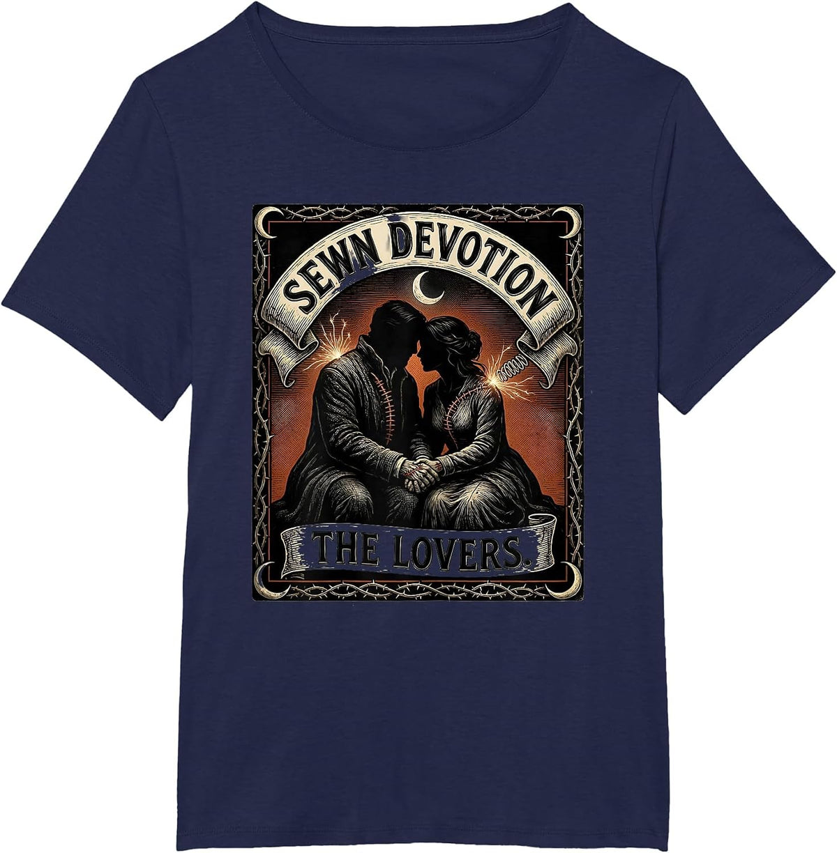 Women's Sewn Devotion The Lovers Woodcut Engraving Horror Romance T-Shirt - Navy Blue