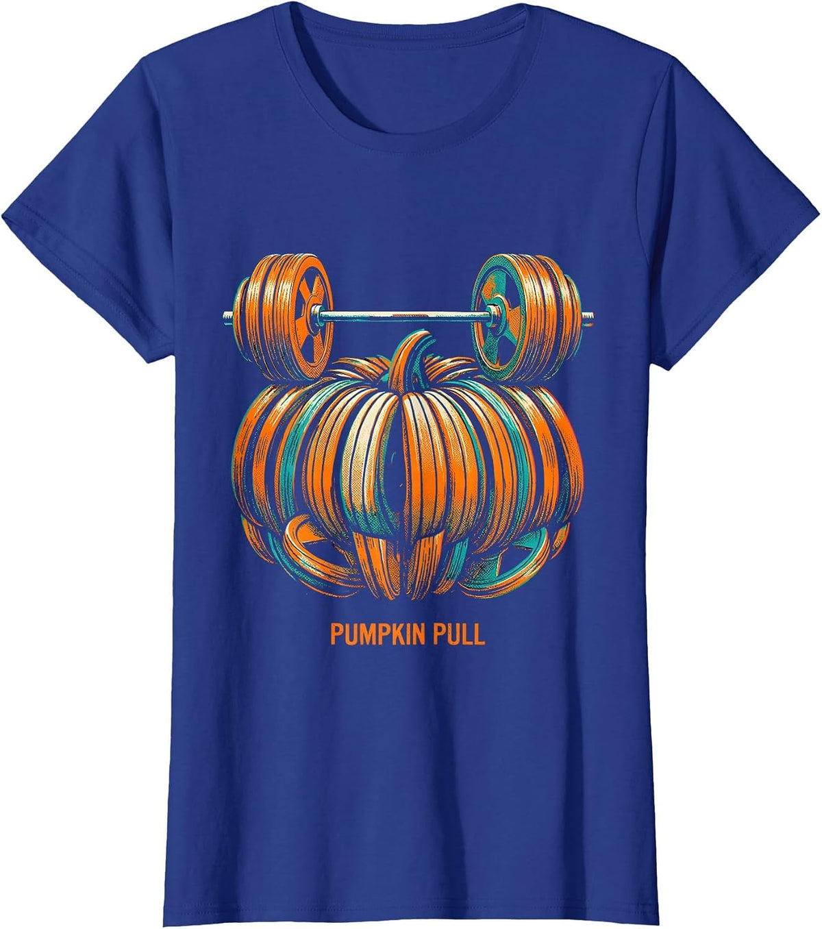 Women's Pumpkin Pull Risograph Halloween Gym Workout Lifting Pun T-Shirt - Royal Blue