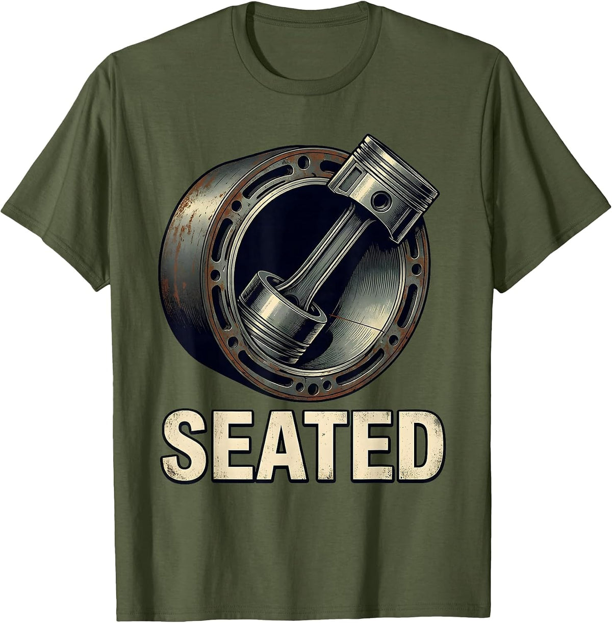 Men's Seated Vintage Car Enthusiast Mechanic Humor T-Shirt - Olive Green