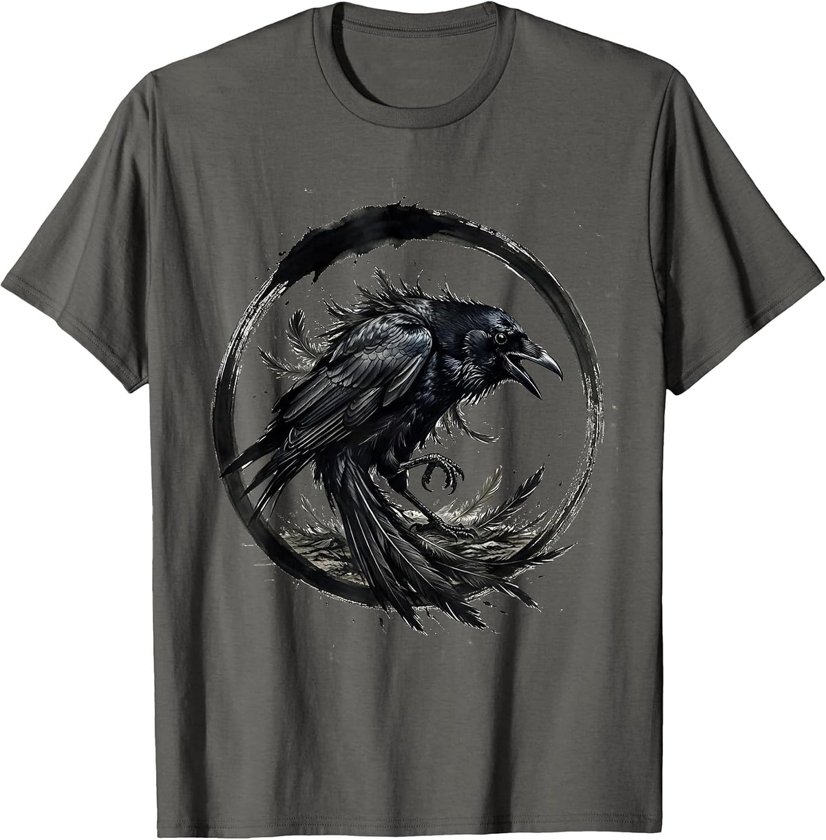 Wild Crow Ruffled Feathers Storm Wind Illustration T-Shirt - Asphalt Grey