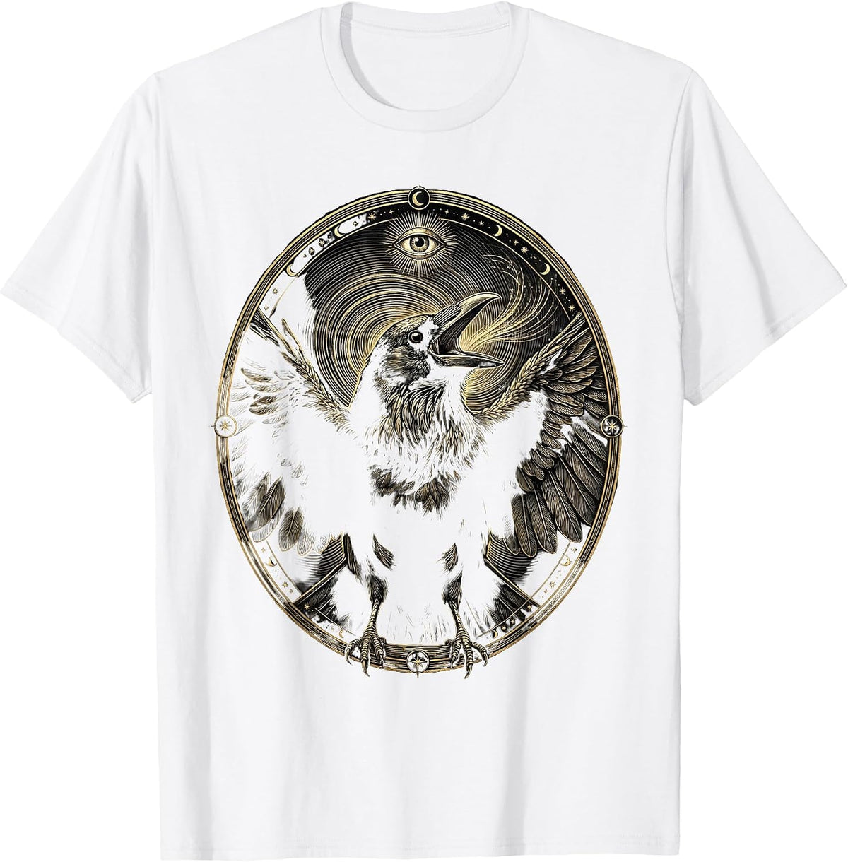 Men's Crow Mid-Caw Swirling Wind Illustration T-Shirt - White
