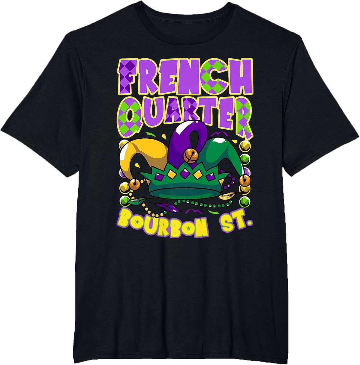 French Quarter Bourbon Street New Orleans LA Mardi Gras T-Shirt - Black