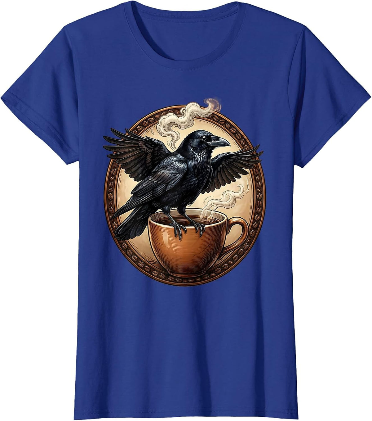 Women's Crow Perched on Steaming Coffee Mug Illustration T-Shirt - Royal Blue