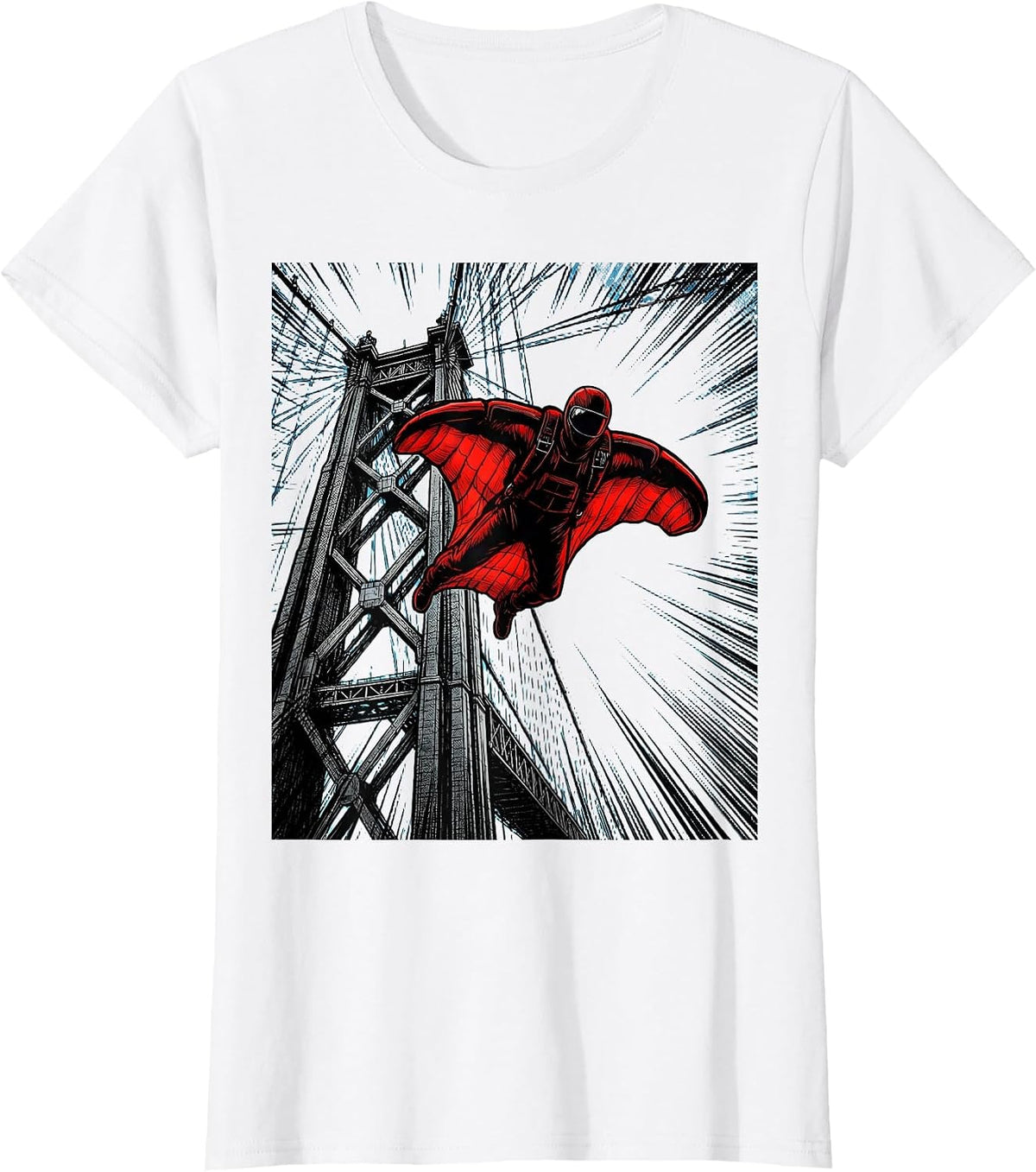 Base Jumper Launching From Suspension Bridge Tower T-Shirt - White