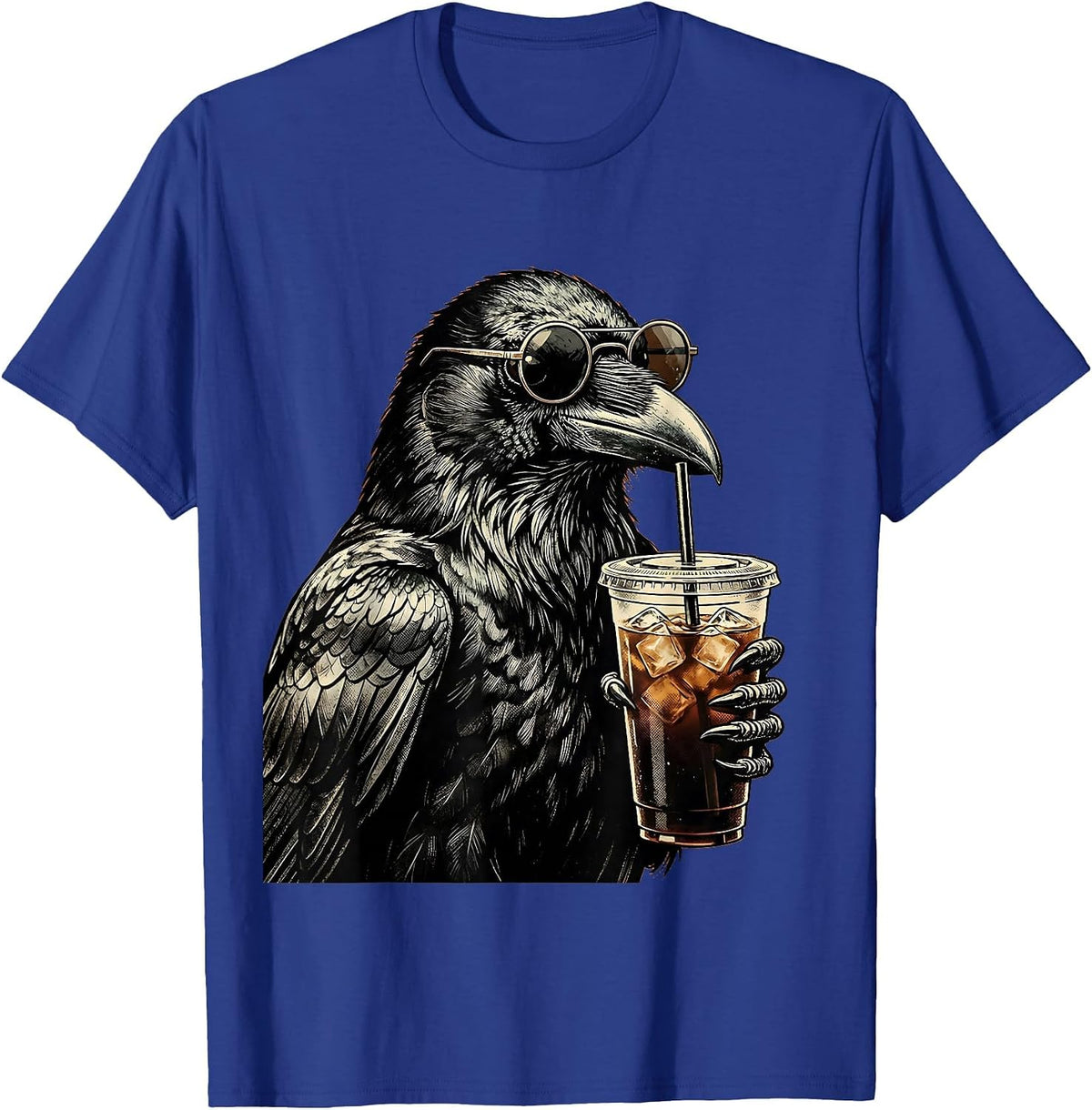 Men's Cool Crow in Sunglasses Drinking Iced Coffee T-Shirt - Royal Blue