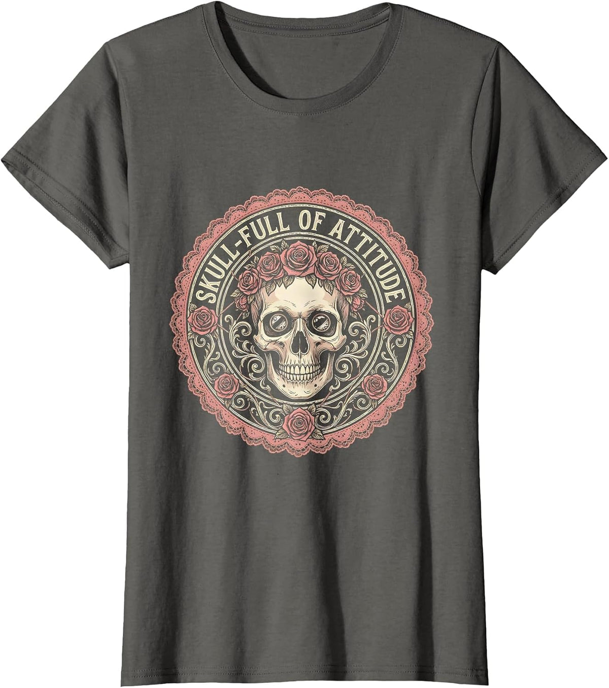 Women's Skull-full of Attitude Skeleton Women Graphic Design T-Shirt - Asphalt Grey