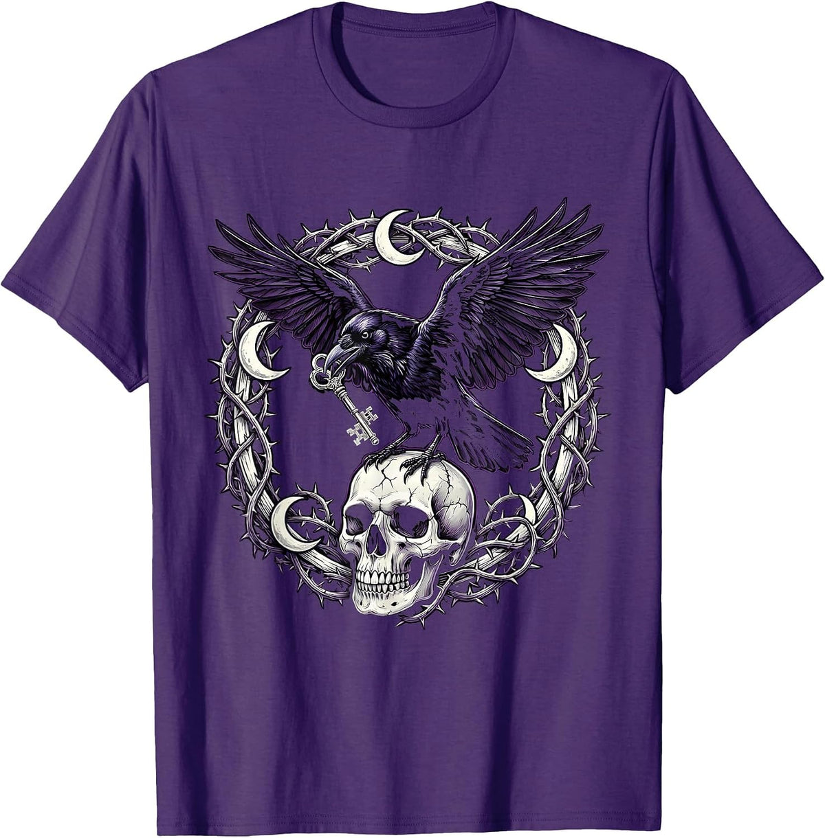Goth Crow Holding a Key Illustration T-Shirt - Purple