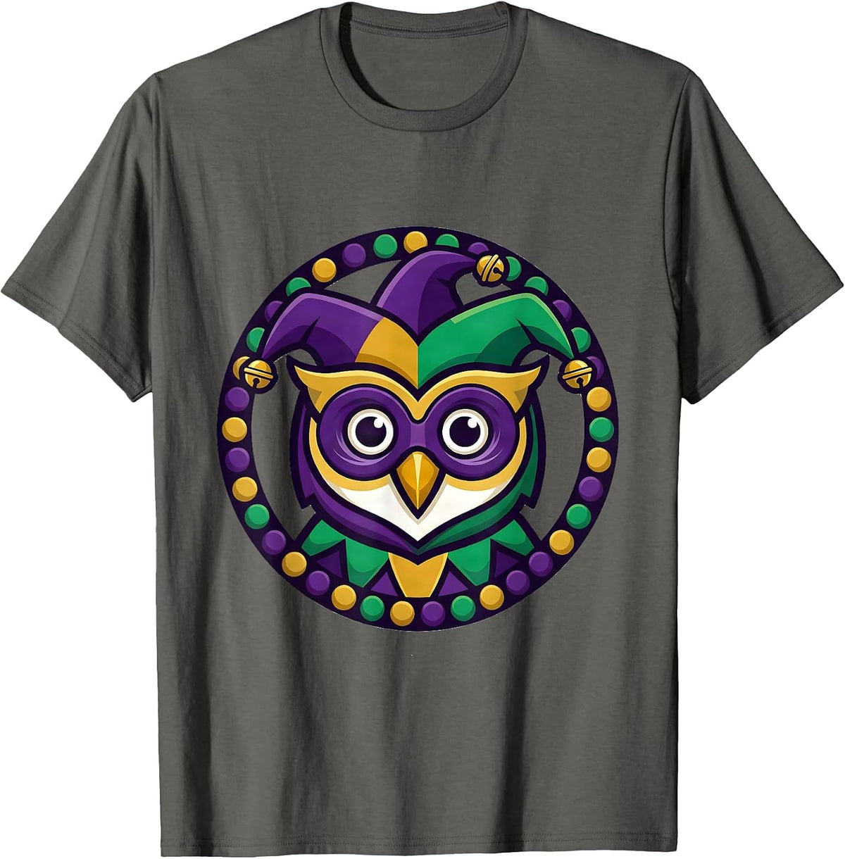 Men's Mardi Gras Jester Owl Mascot Costume Party Humor T-Shirt - Asphalt Grey