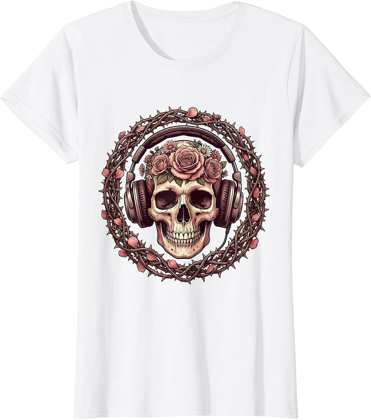 Skull With Oversized Headphones Band Music Art T-Shirt - White