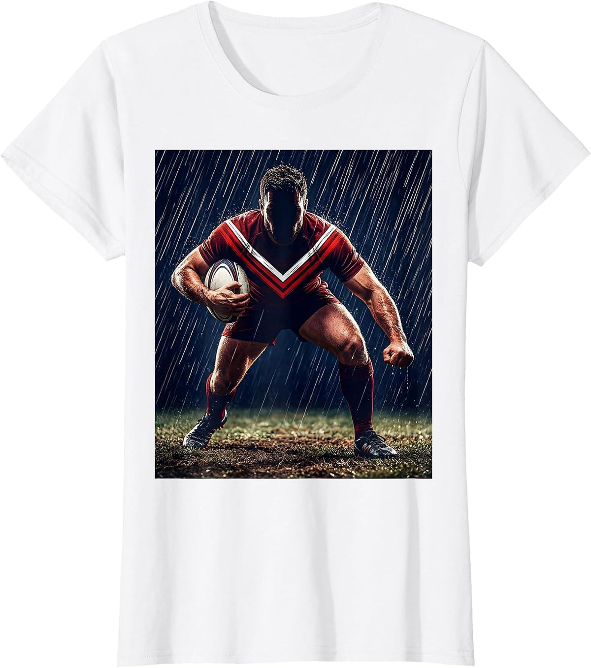 Rugby Flanker Charging Through Rain Illustration T-Shirt - White
