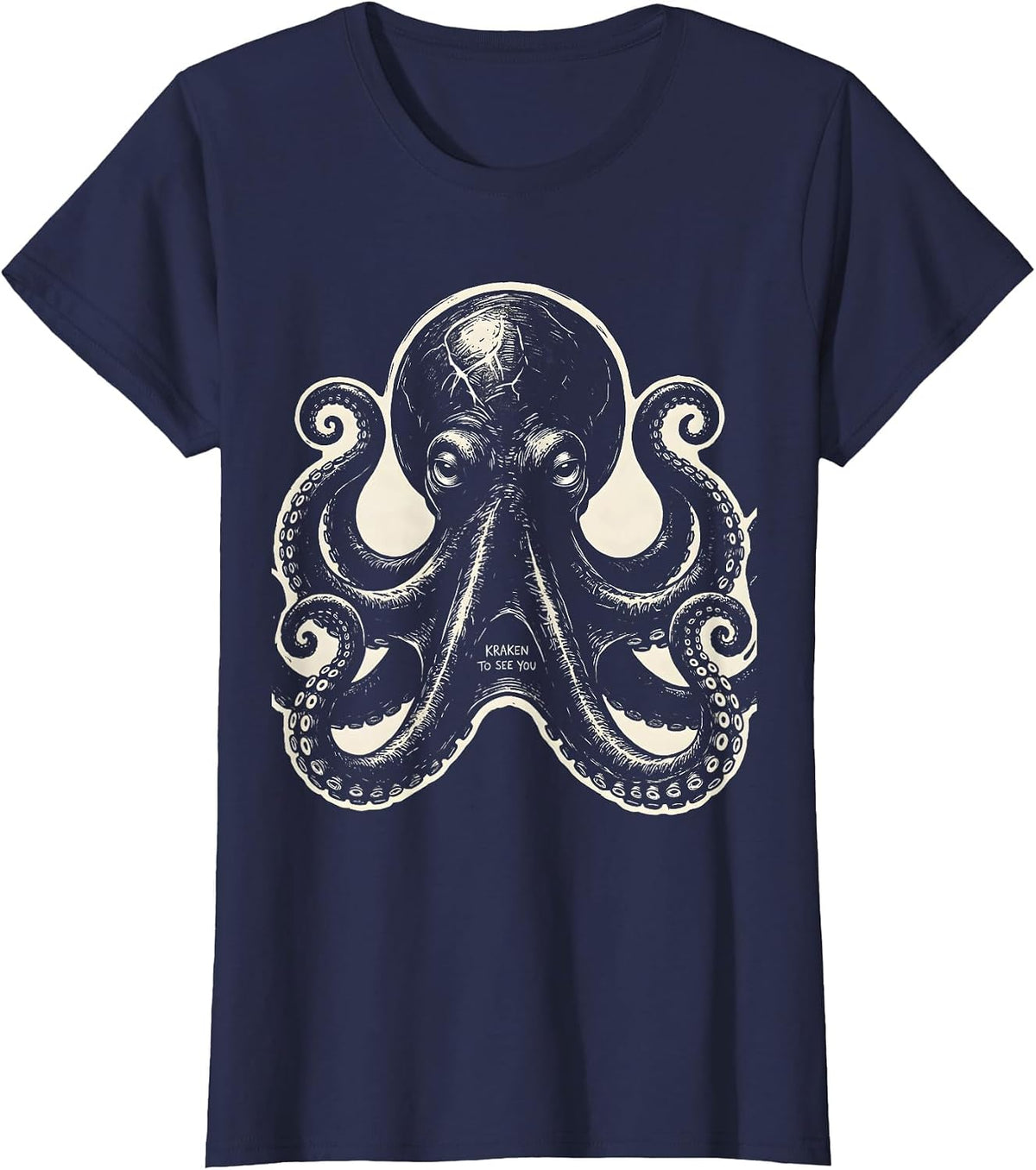 Women's Kraken To See You Playful Octopus Lover Vintage Sea Creature T-Shirt - Navy Blue