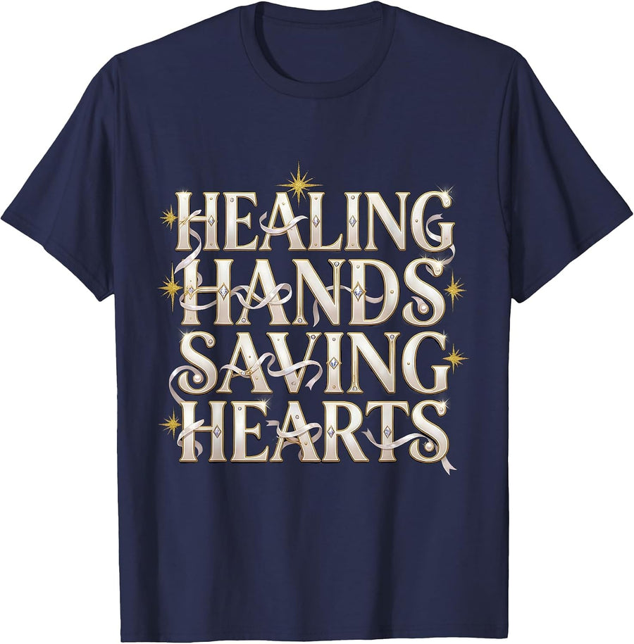 Healing Hands Saving Hearts Nurse Design T-Shirt - Navy Blue