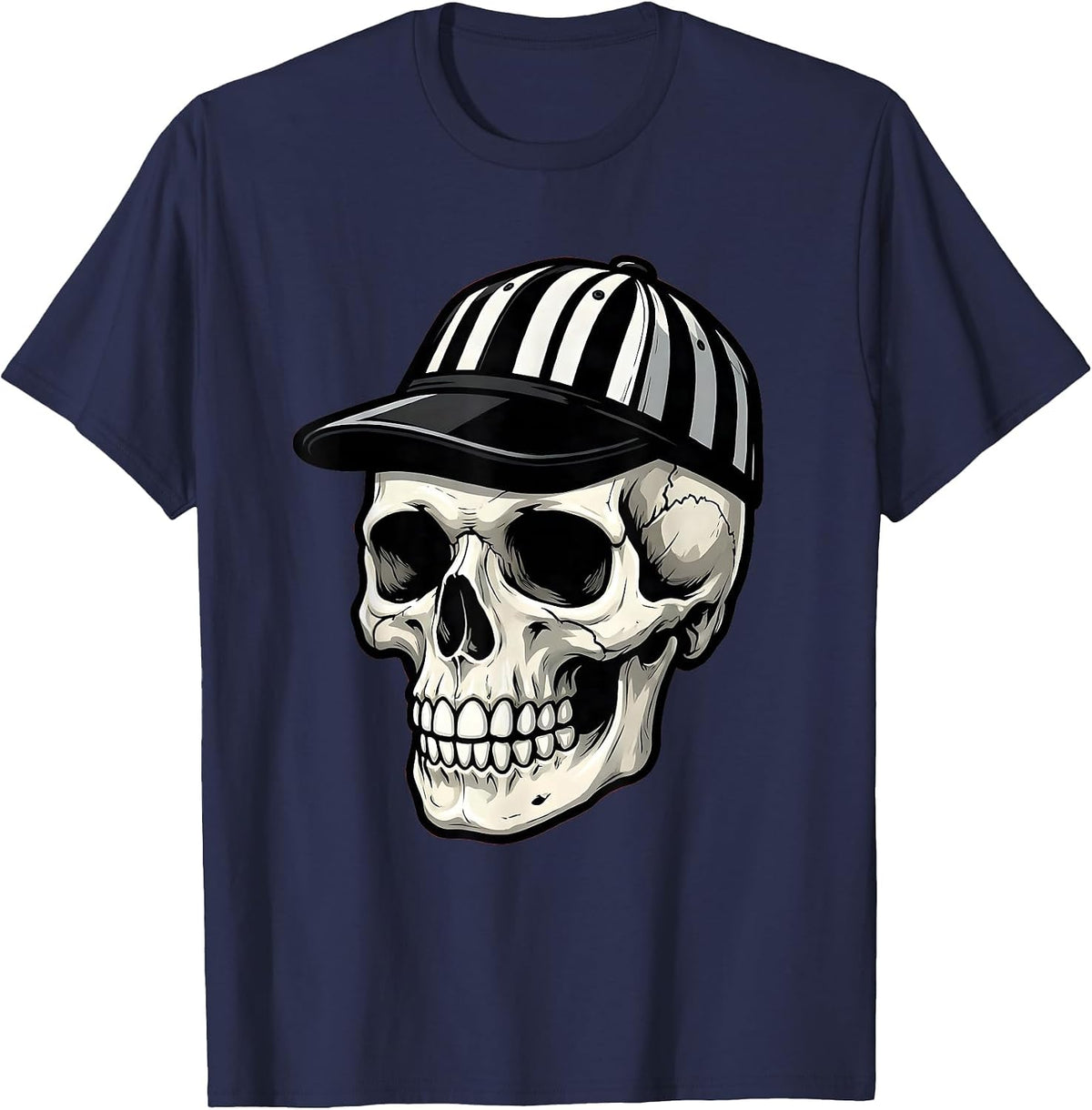 Skull in Black and White Striped Cap Graphic T-Shirt - Navy Blue