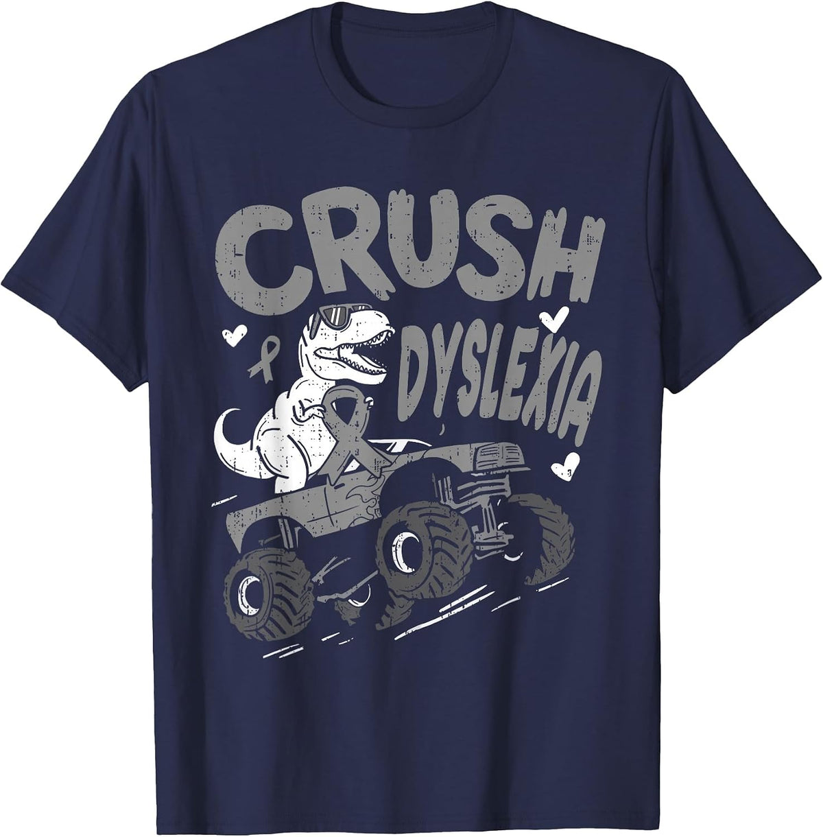 Crush Dyslexia Awareness Dino T Rex Ribbon Silver Boy Kids T-Shirt - Navy Blue