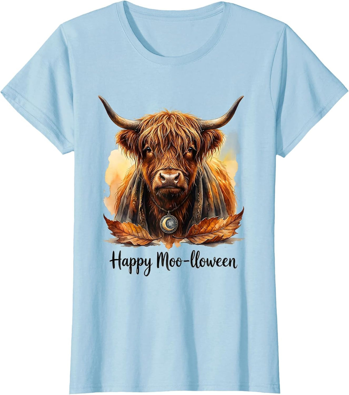 Happy Moo-lloween Whimsical Highland Cow Halloween Fall T-Shirt - Baby Blue