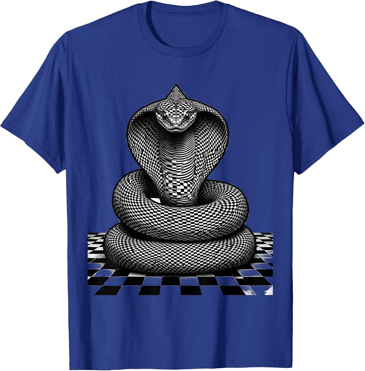 Snake Coiled on Black and White Checkered Floor T-Shirt - Royal Blue