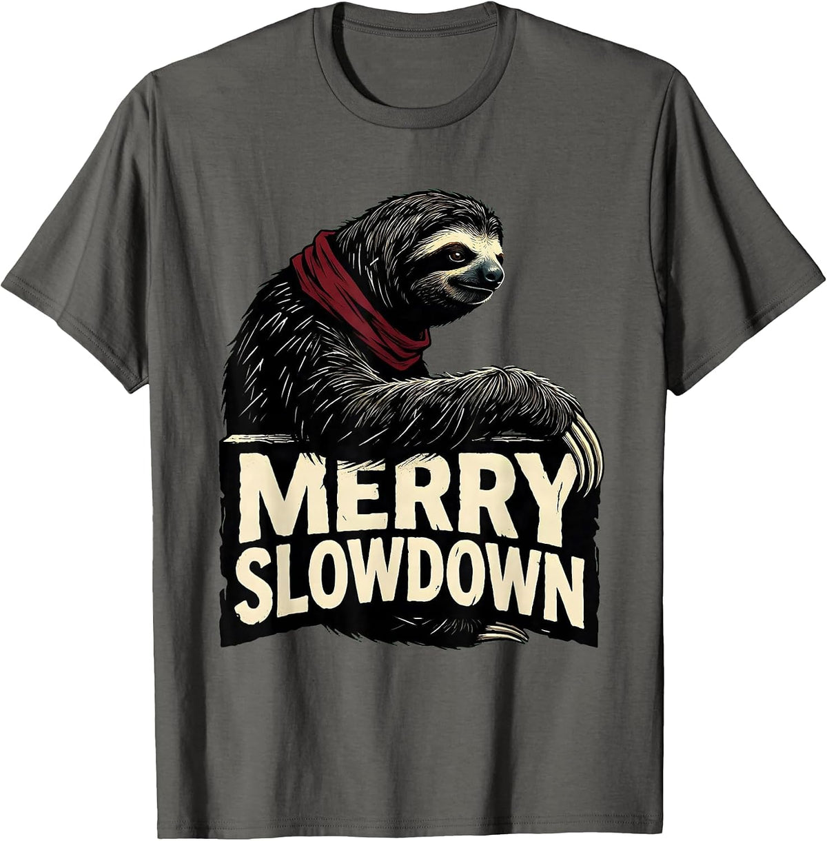Men's Merry Slowdown Linocut Funny Sloth Lover Christmas Pajama T-Shirt - Asphalt Grey