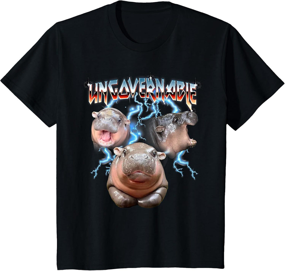 Ungovernable Baby Pygmy Hippo Heavy Metal T-Shirt - Black