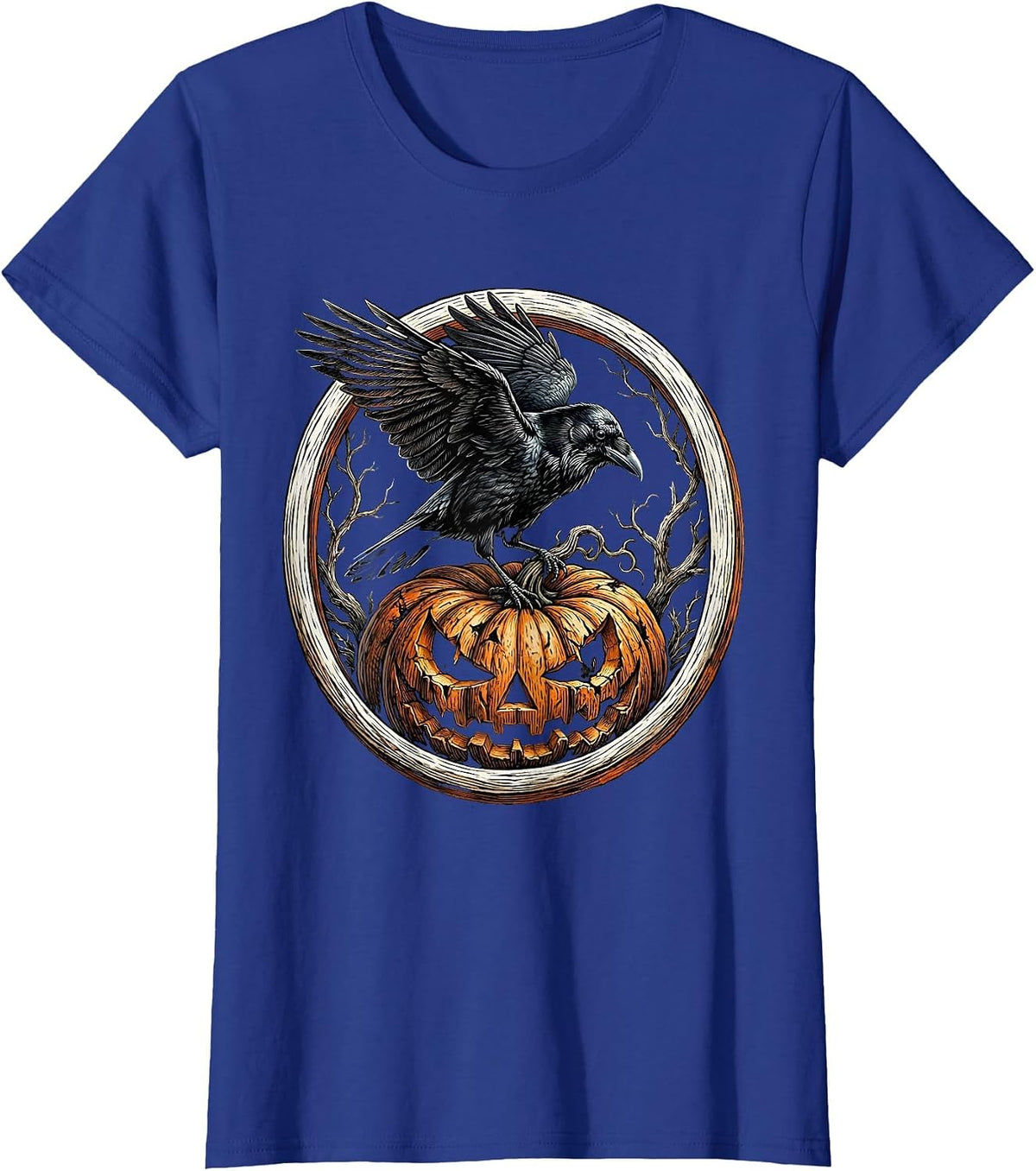 Women's Crow Perched on Rotting Pumpkin Halloween Design T-Shirt - Royal Blue