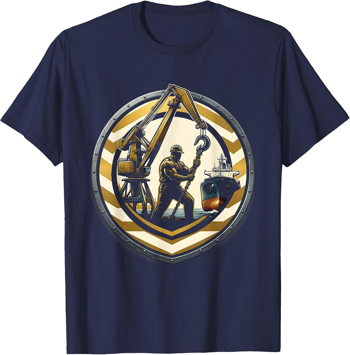 Labor Day Dock Worker Crane Unloading Ship T-Shirt - Navy Blue