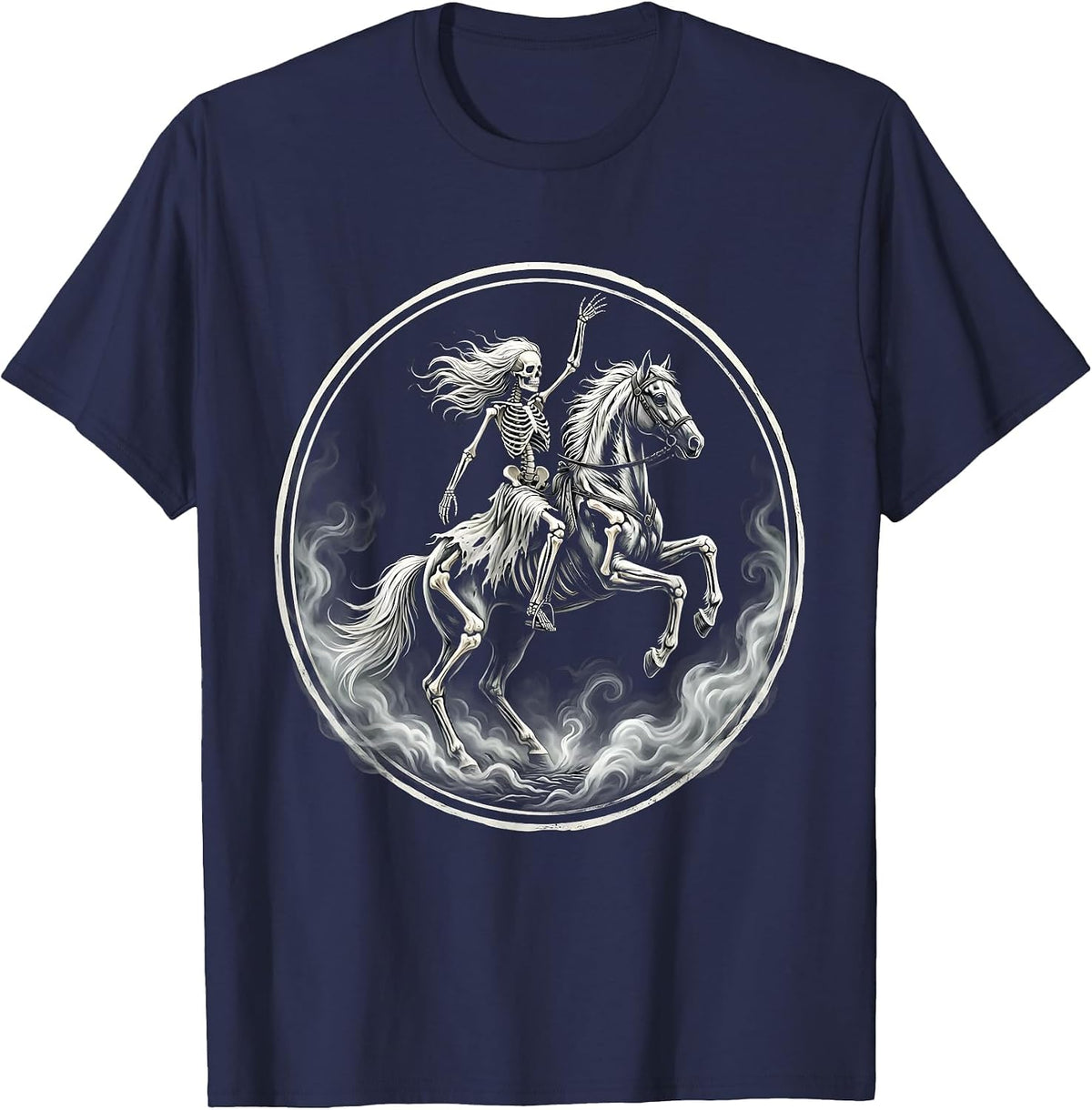 Skeleton Woman Riding Horse Through Fog Art T-Shirt - Navy Blue