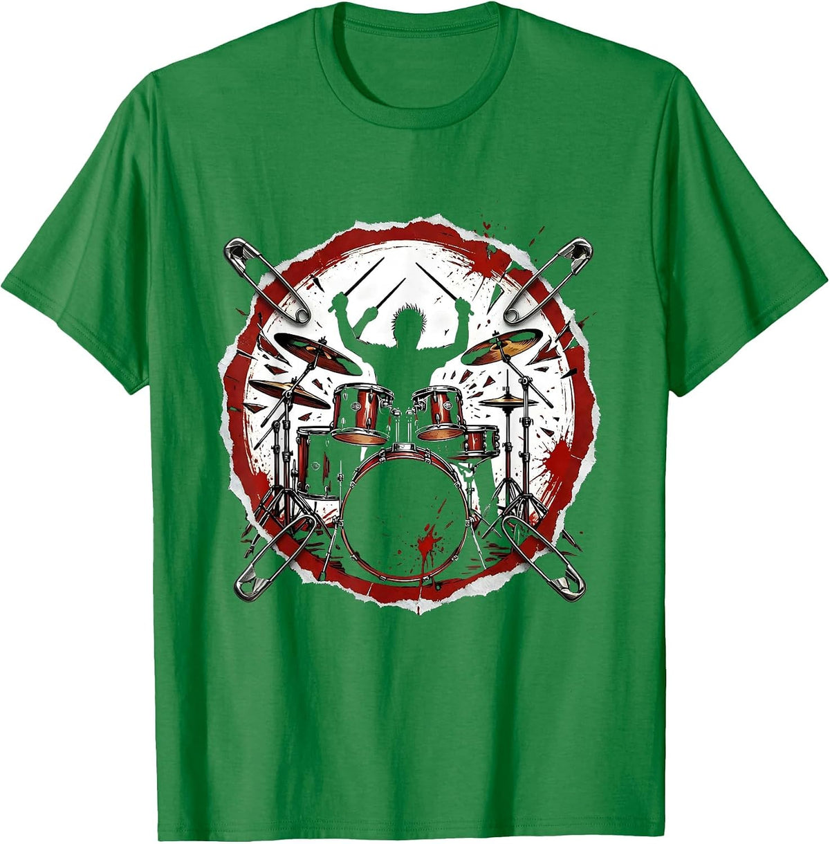 Men's Drummer Silhouette Exploding Drum Kit Rock Design T-Shirt - Kelly Green