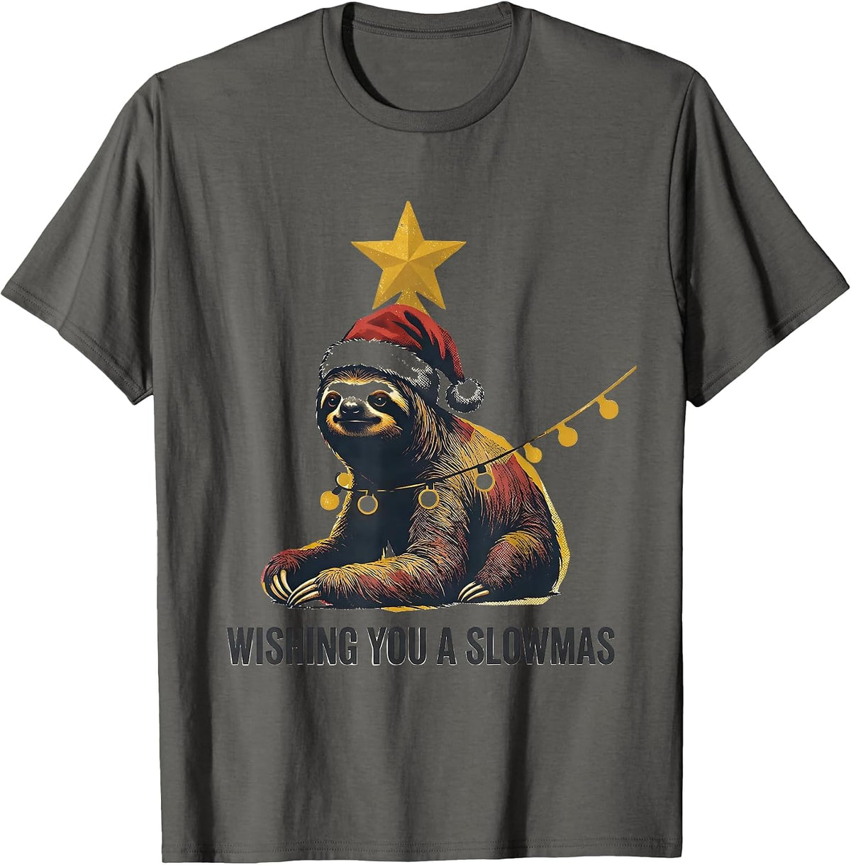 Wishing You a Slowmas Funny Sloth Christmas Lights Holiday T-Shirt - Asphalt Grey