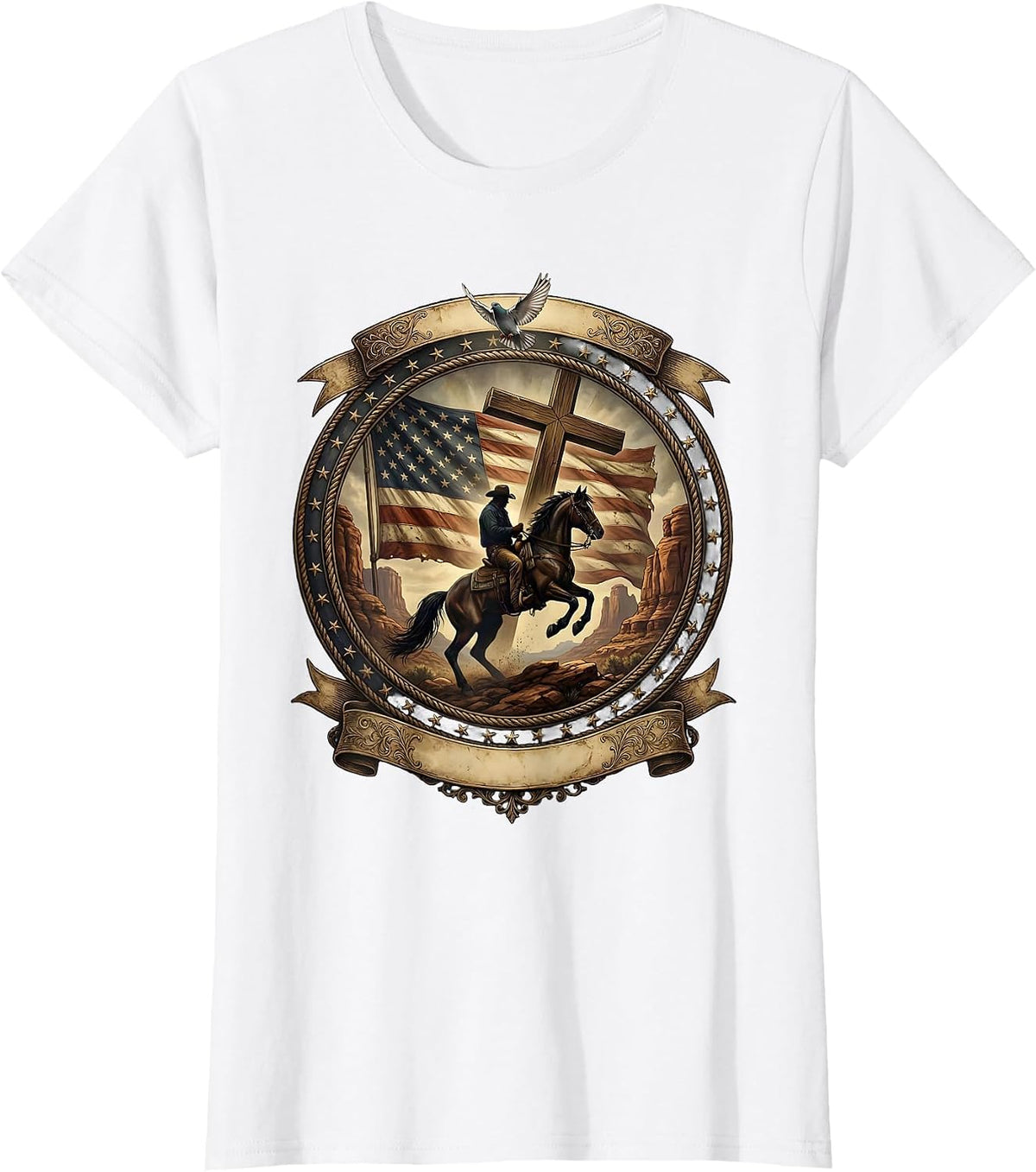 Cowboy Riding Horse Through Dusty Canyon T-Shirt - White
