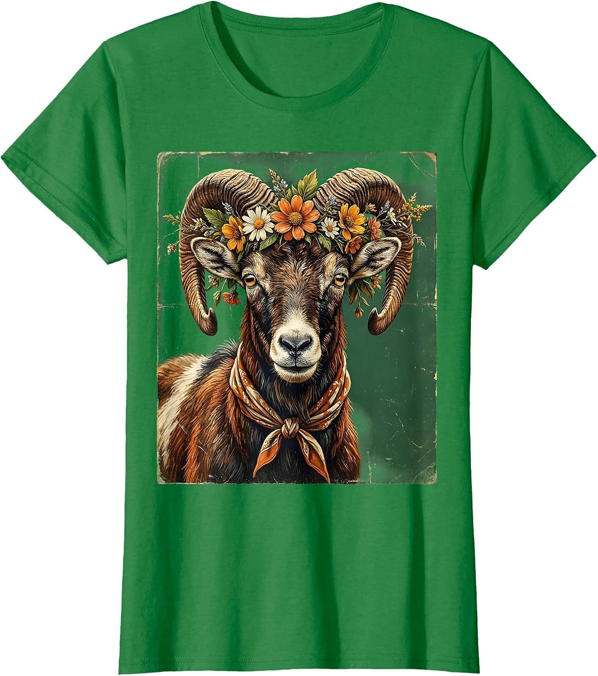 Women's Boho Flower Wreath Goat Graphic T-Shirt - Kelly Green