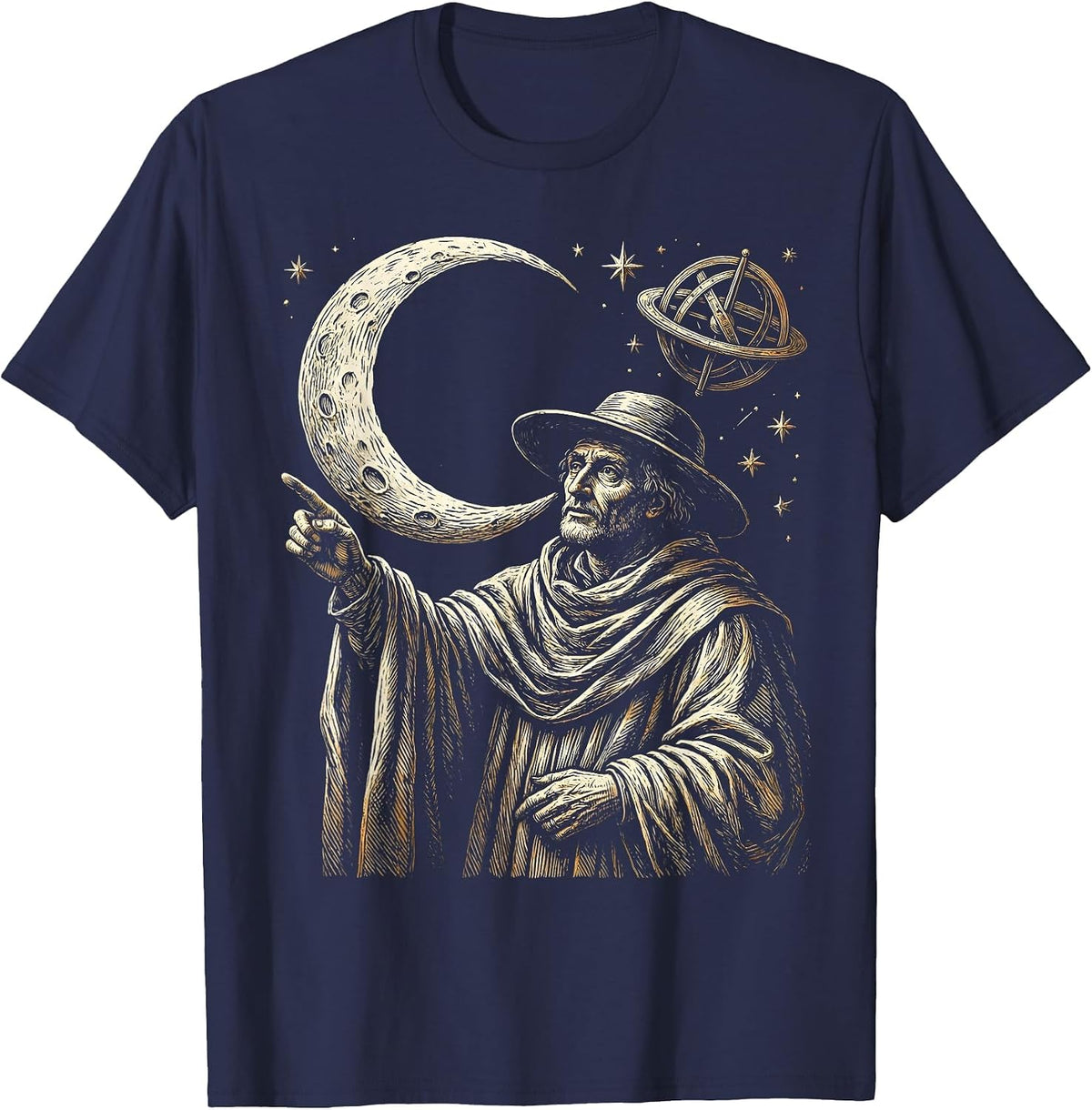 Renaissance Astronomer Crescent Moon Illustration T-Shirt - Navy Blue