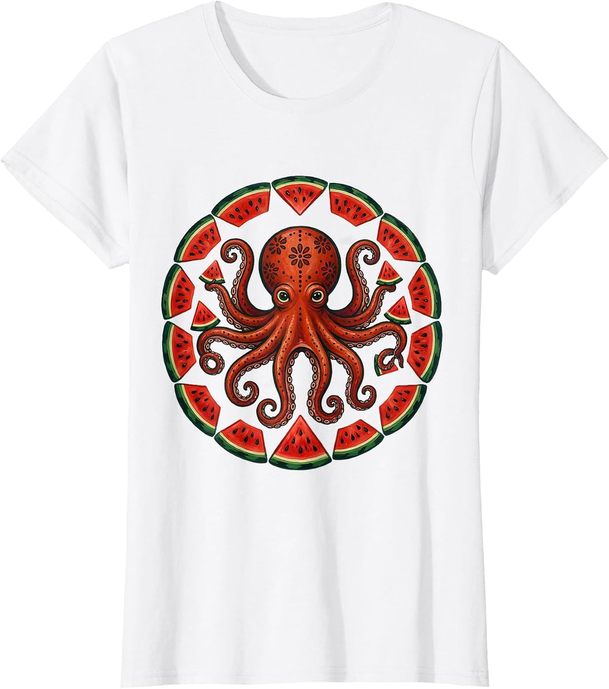 Women's Octopus Watermelon Slice Funny Summer Design T-Shirt - White