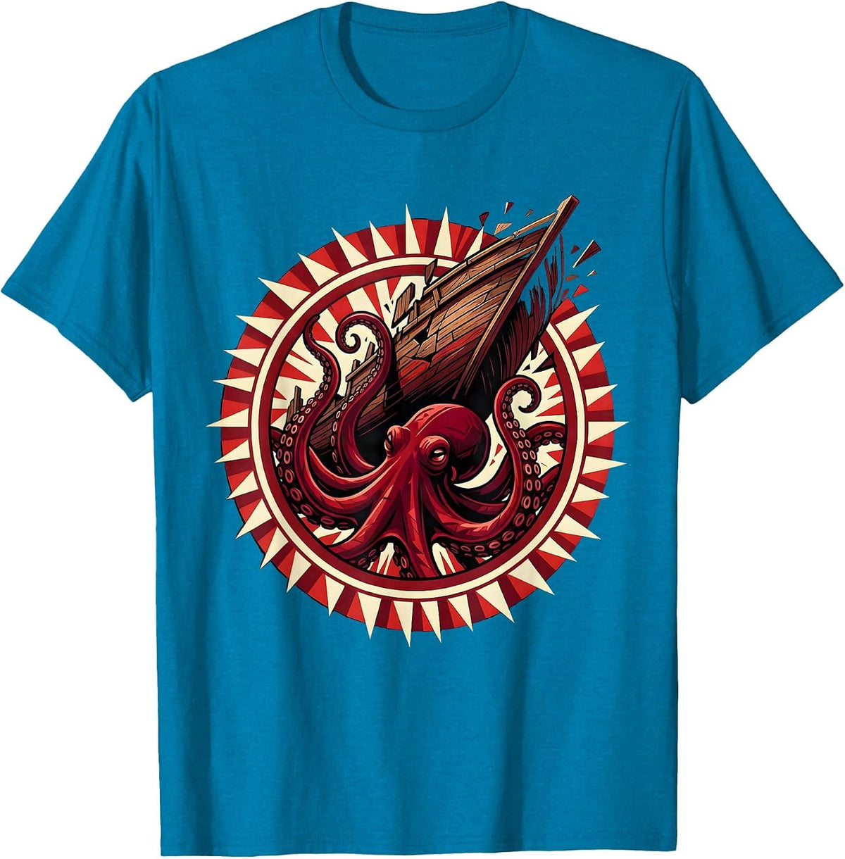 Giant Octopus Attacking Ship Anime Graphic T-Shirt - Sapphire Blue