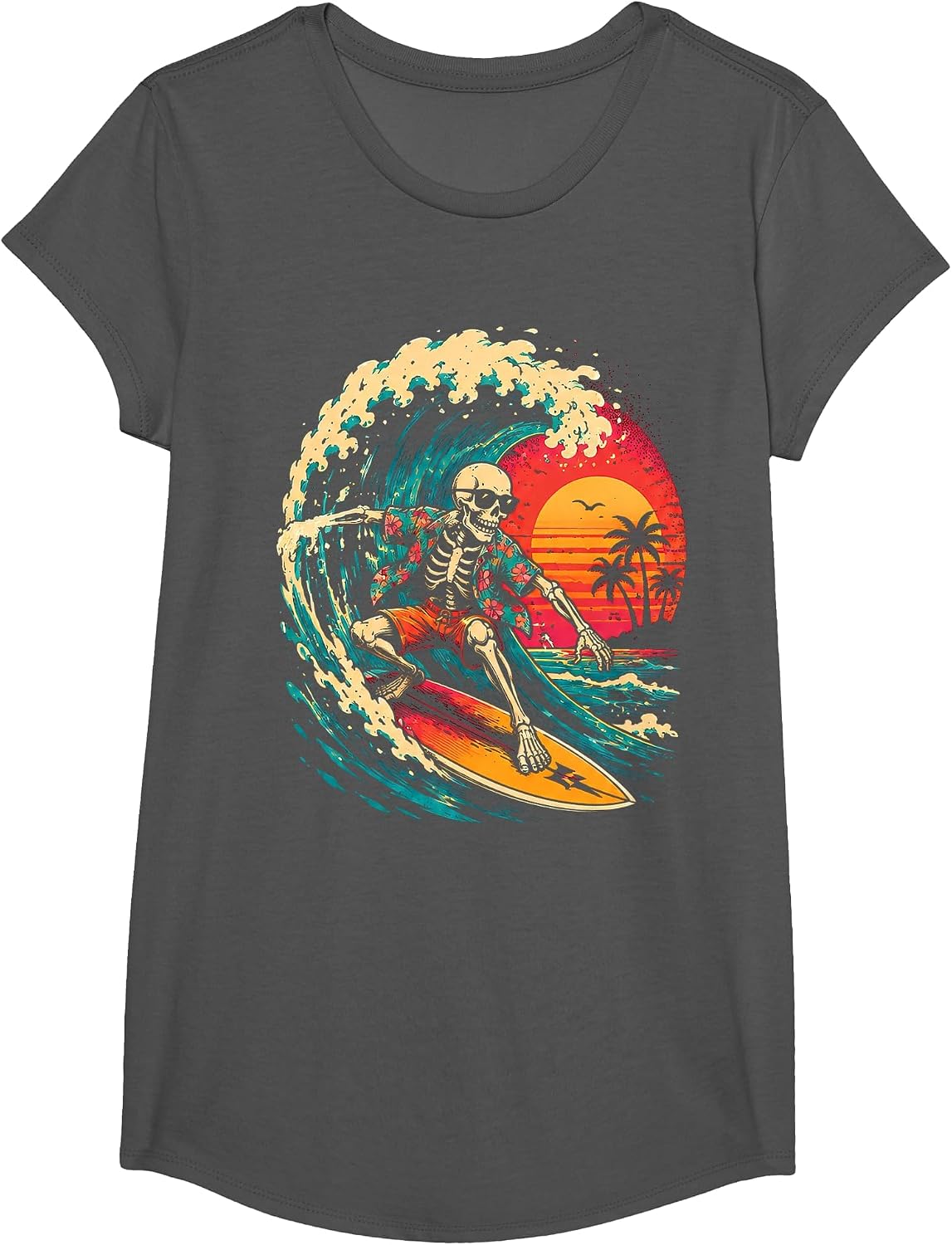Vintage Surfing Skeleton Halloween Surfboard for Men Boys T-Shirt - Girls Asphalt Grey