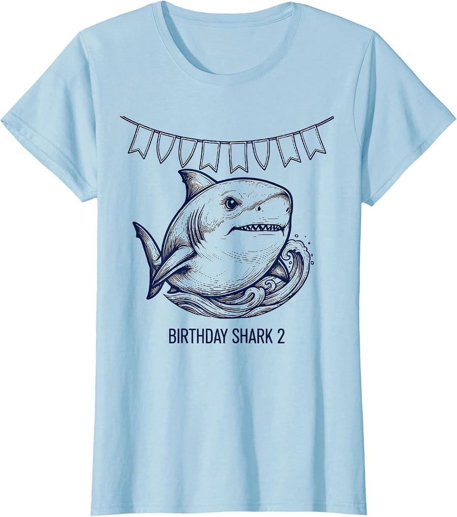 Women's Birthday Shark 2 Playful Toddler Party Matching Whale Lover T-Shirt - Baby Blue