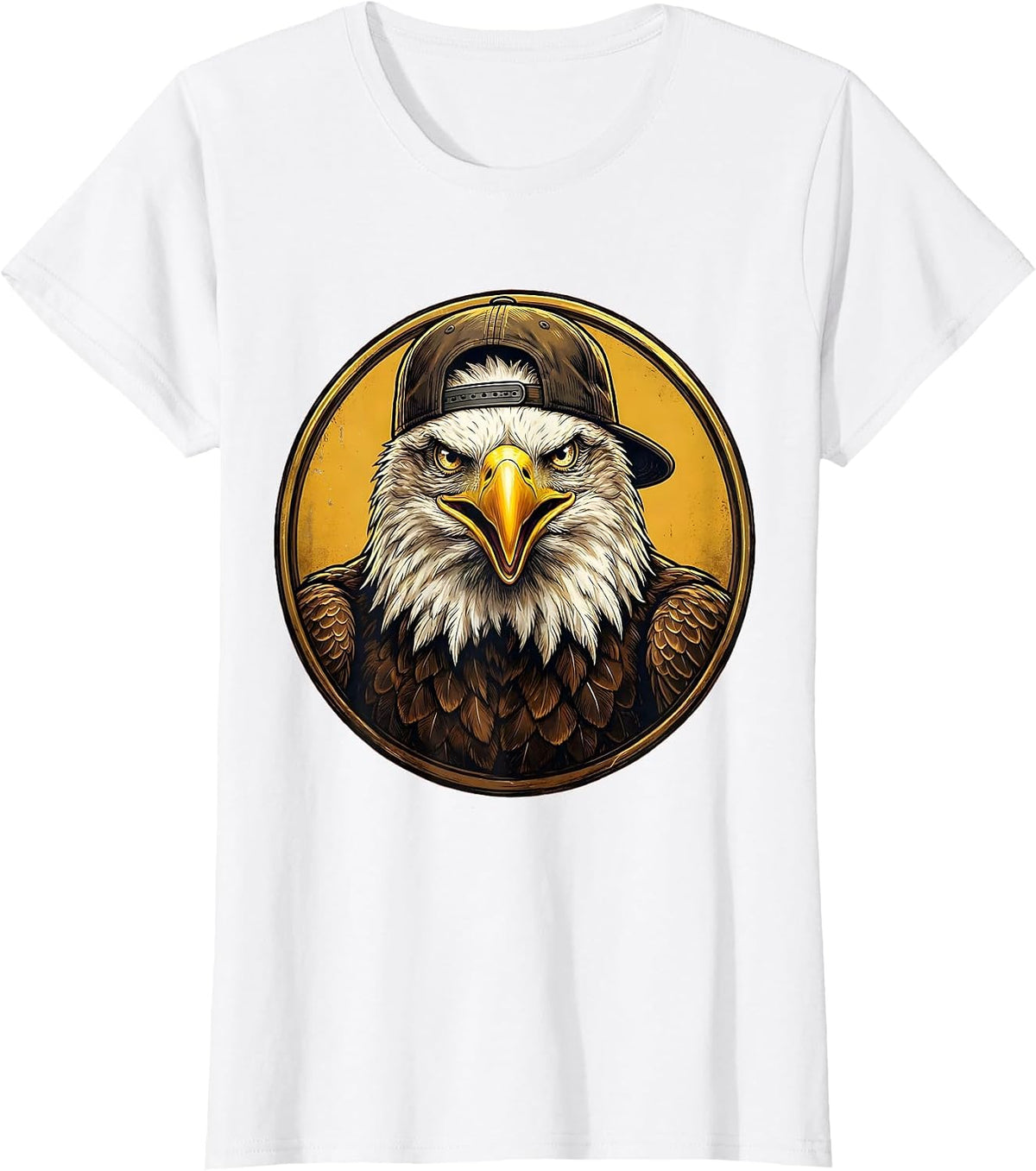 Bald Eagle Backwards Baseball Cap Funny Graphic T-Shirt - White