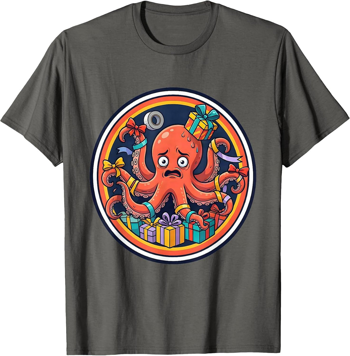 Overwhelmed Octopus Gift Wrapping Chaos T-Shirt - Asphalt Grey