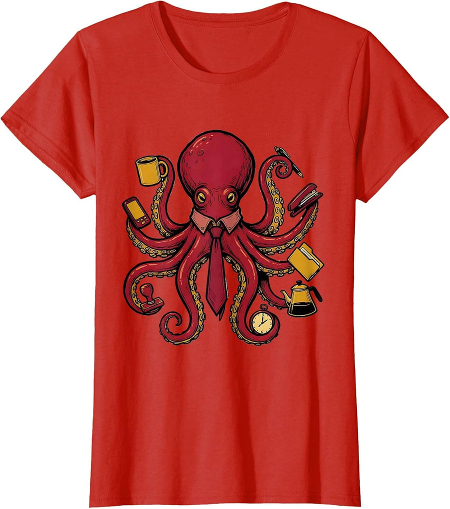 Women's Office Octopus Domed Mantle Marker Outline Vintage T-Shirt - Red