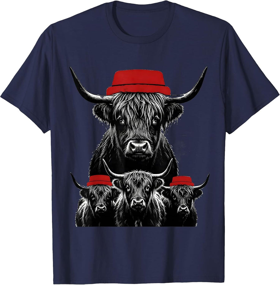 Highland Cow Family Christmas Farm Humor Silhouette T-Shirt - Navy Blue
