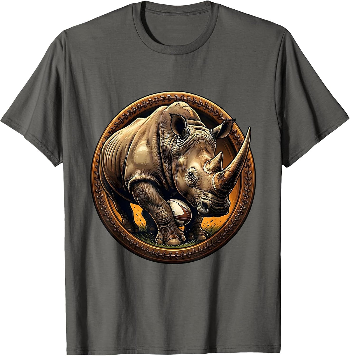 Rampaging Rhino Rugby Ball Graphic T-Shirt - Asphalt Grey