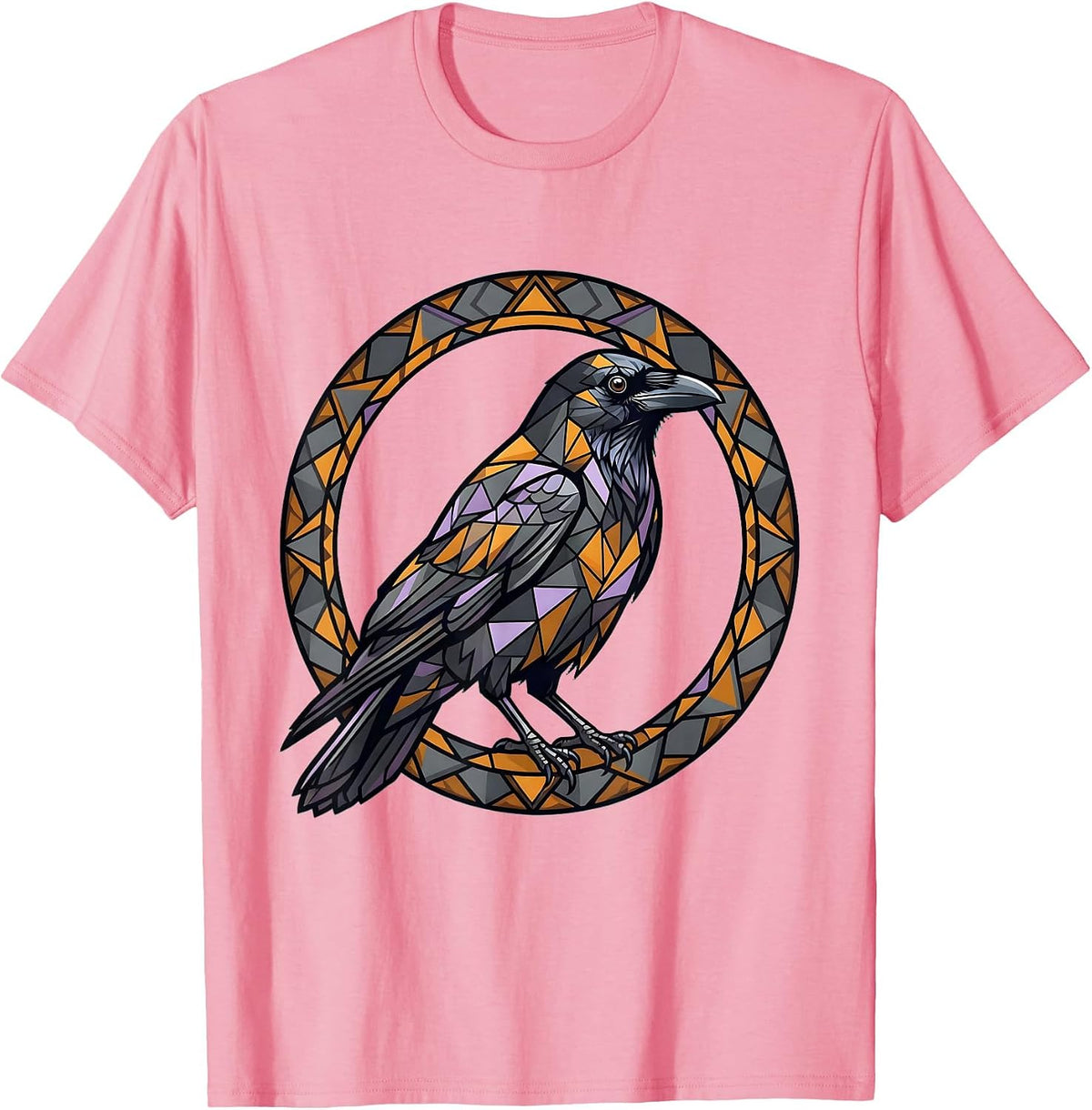 Men's Crow Geometric Tattoo Art Illustration T-Shirt - Pink