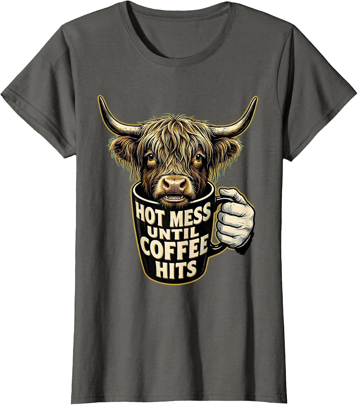 Women's Hot Mess Until Coffee Hits Retro Cartoon Highland Cow Coffee T-Shirt - Asphalt Grey