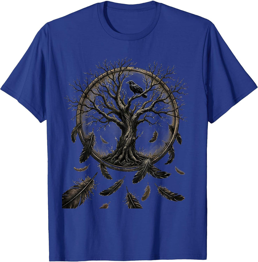 Crow Feathers Falling Around a Lone Tree T-Shirt - Royal Blue