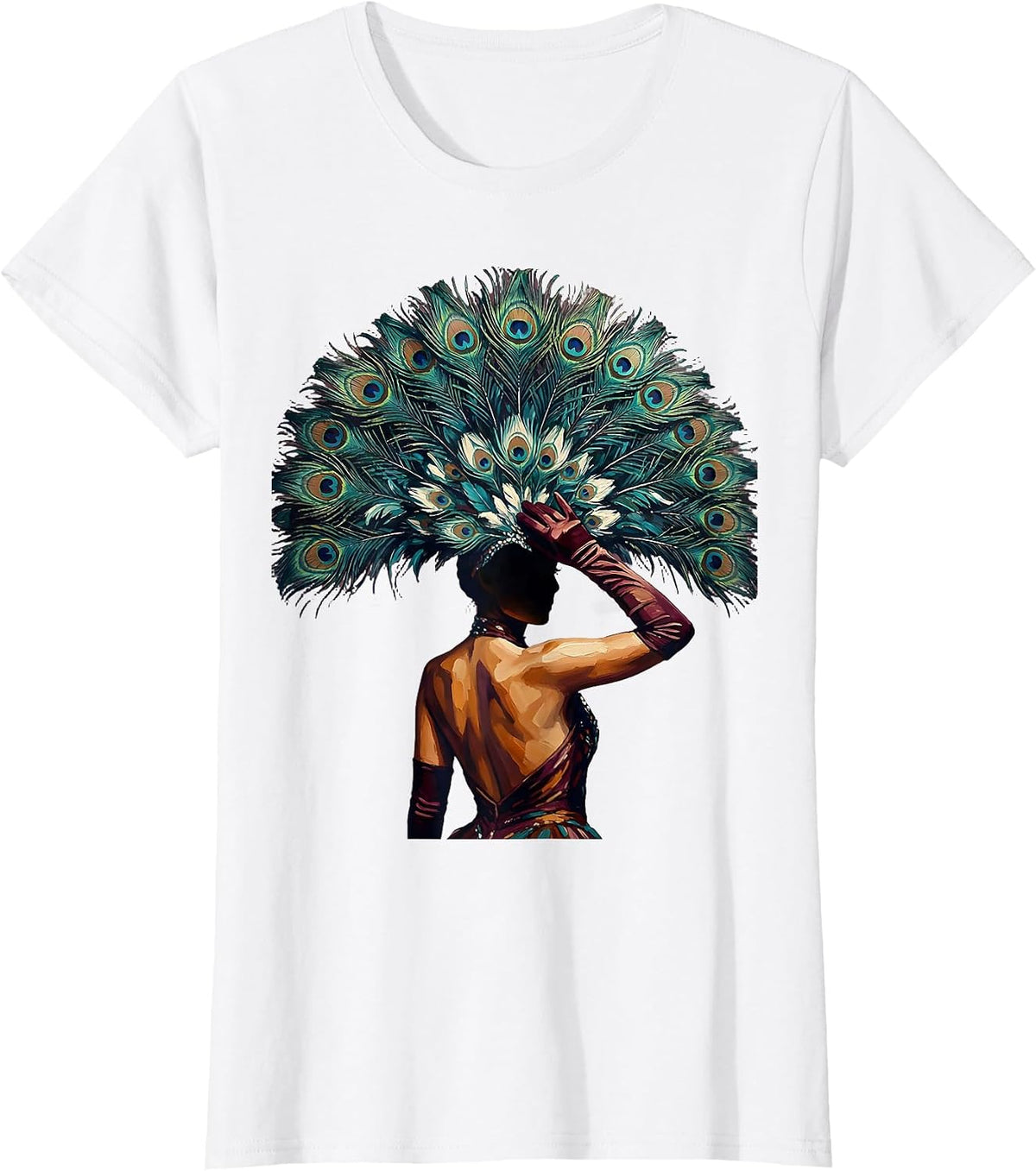 Women's Showgirl Feather Headpiece Backstage Illustration T-Shirt - White