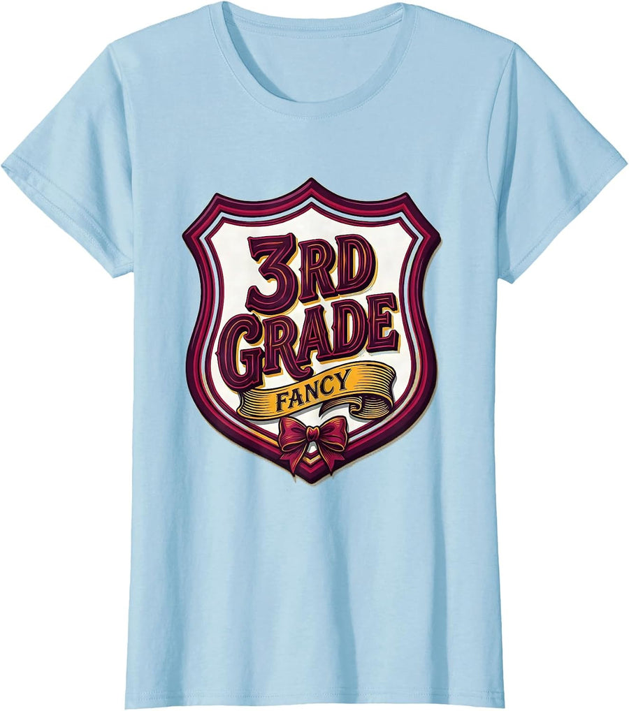 Women's 3rd Grade Fancy Coquette Bow Back to School Girl Teacher T-Shirt - Baby Blue