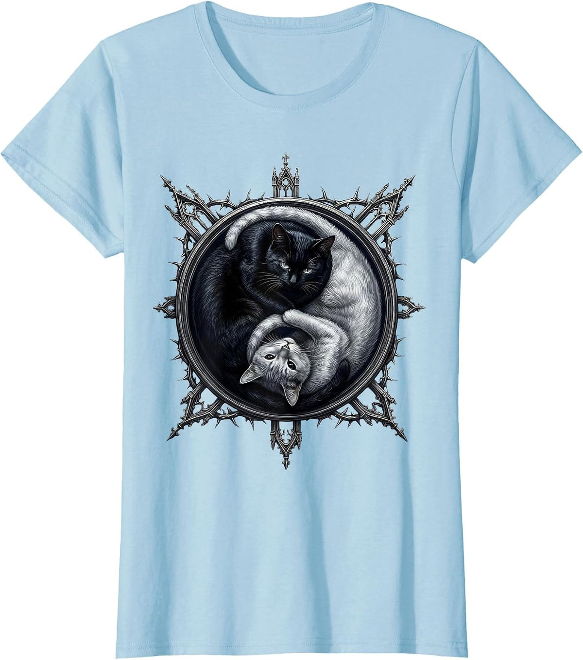 Black Cat Yin Yang Balance Graphic Design T-Shirt - Baby Blue